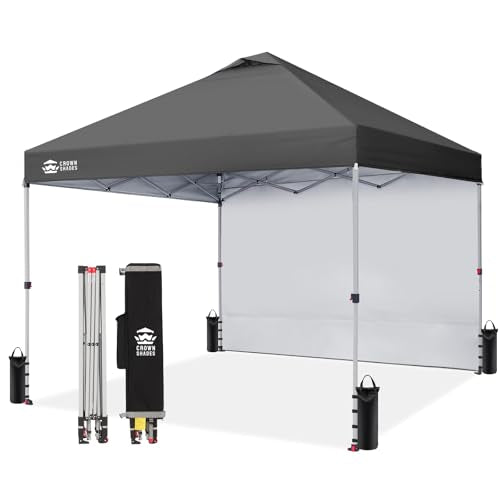 CROWN SHADES 10x10 Pop Up Canopy with 1 Side Wall - Beach Tent with One Push Setup - Outdoor Sun Shade for Events, Parties, Camping - Gazebo with STO-N-Go Cover Bag (Grid Grey) - color: Grid Grey, size: 10x10FT
