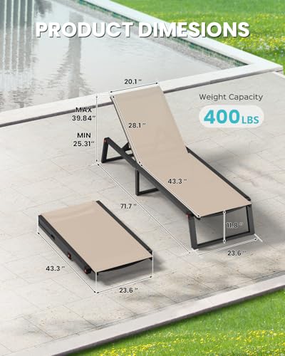 Aluminum Chaise Lounge Chair Outdoor, Foldable& No Assembly Patio Pool Lounge Chairs 5-Position Recliner for Outside, Fully Grounded Legs Sun Lounger for Poolside, Khaki, 1 Pack - color: Khaki, size: 1