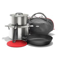 OXO Outdoor 8 Piece Camping Cookware Set, 10" Pre-Seasoned Carbon Steel Frying Pan Skillet, 2.25QT and 5QT Stainless Steel Saucepans with Lids, Removeable Handle, Trivet, Travel Bag, Space-Saving - size: 8 Piece Cookware Set