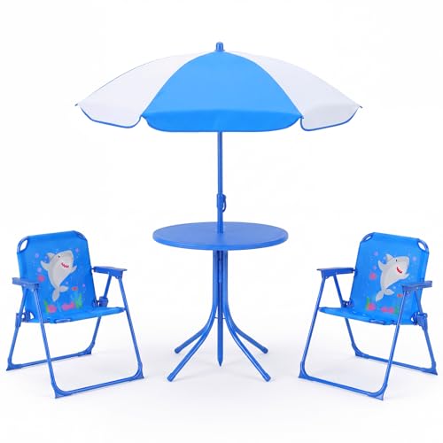 Costzon Kids Picnic Table, Kids Outdoor Table with 2 Folding Chairs, Height Adjustable Umbrella, Portable Children Outdoor Furniture for Patio, Garden, Backyard (Blue Ocean) - color: Blue Ocean