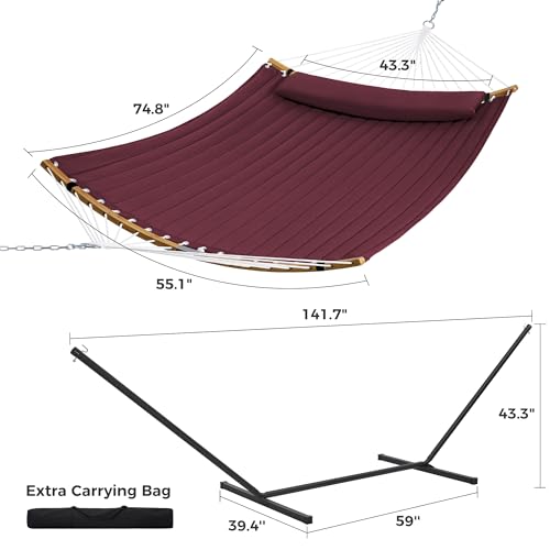 SUPERJARE Curved-Bar Hammock with Stand, 2 Person Heavy Duty Hammock Frame, Detachable Pillow & Portable Carrying Bag, Perfect for Outdoor & Indoor, Burgundy - color: Burgundy