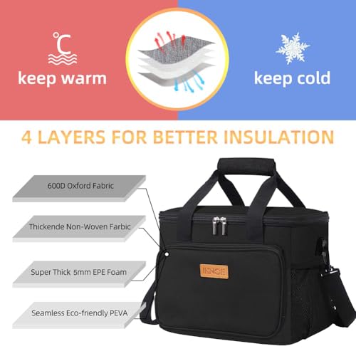 iknoe Insulated Lunch Bag, Foldable 14L Cooler Bag for Men & Women, Leakproof Thermal Design, Great for Office, Picnic, Travel, Lunch Box, Black New - color: Black, size: Large