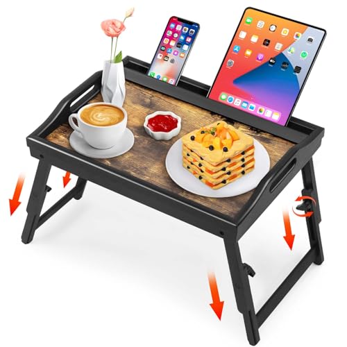 Bed Tray Table Breakfast Trays Serving Tray Bamboo Bed Laptap Floding Legs with Handles and Phone Holders - color: 1 Pack