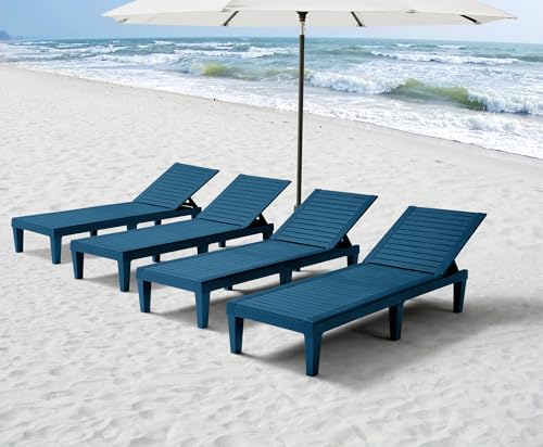 Nestl Sun Tanning Chair - Blue Chaise Lounge Chair Outdoor, Lightweight Pool Lounge Chairs Set of 4, Adjustable 5-Position Reclining Lawn Chair, Waterproof Beach Outdoor Lounge Chairs - color: 2 - Blue, size: Set of 4