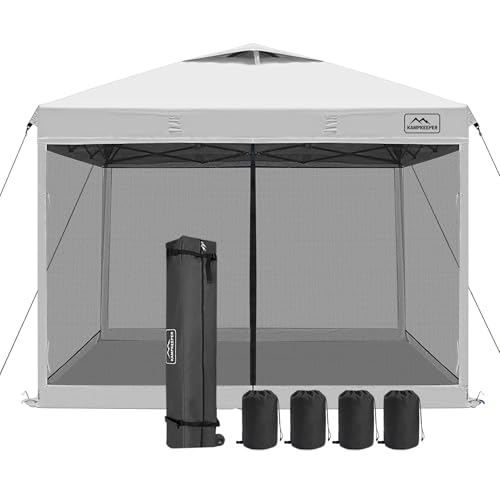 KAMPKEEPER 10x10 Pop-Up Canopy Tent, Waterproof Portable Shade with Screen Walls, Adjustable Instant Outdoor Shelter for Camping, Backyard, and Events, White - color: White