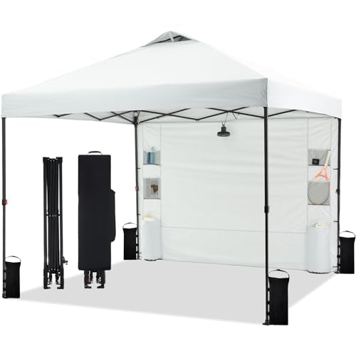 Tunbne 10'x10' Pop Up Canopy Tent with 1 Sidewall and 6 Pockets, One Push Setup, Instant Shade Tent with Vented Roof for Beach Patio Outdoor, Case, 8 Stakes, 4 Ropes, 4 Sandbags (White) - color: White, size: 10x10