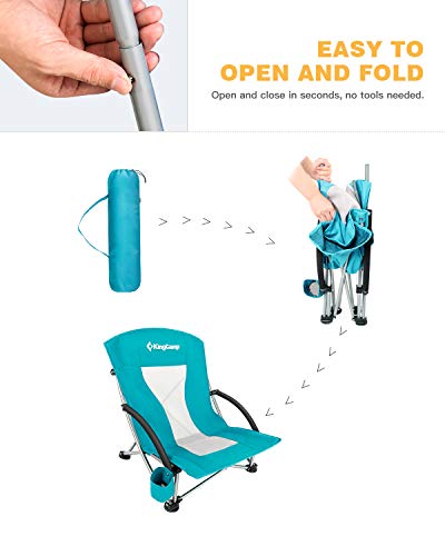 KingCamp Low Seat Beach Chair, Outdoor Camping Folding Chair with Cup Holder, 3 Colors - color: Low Cyan 1