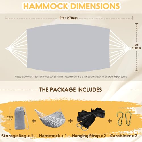 ANYOO Cotton Hammock Portable Camping Hammocks for Hanging Sturdy Garden Comfortable Fabric Hammock with Tree Straps Up to 660lbs with Travel Bag for Camping Outdoor/Indoor Patio Backyard - color: Grey