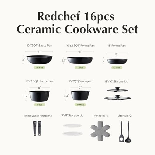 Redchef 16pcs Ceramic Pots and Pans Set Non Stick, Nonstick Kitchen Cookware Set with Detachable Handle, Non Toxic, PFAS PFOA & PTFE Free, RV Cookware Set for Camping, Dishwasher/Oven Safe (Black) - size: 16 pcs Black