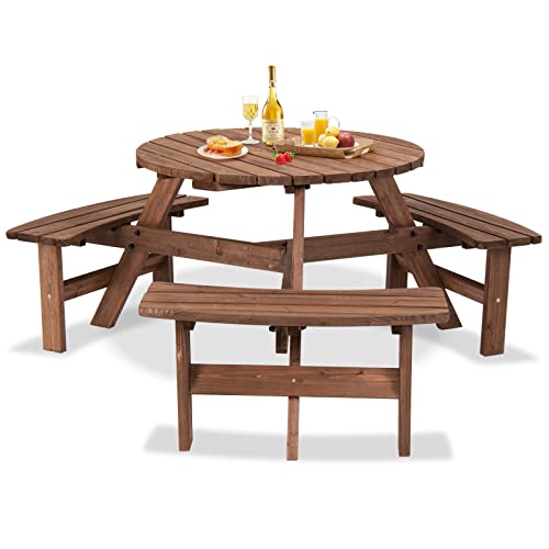 Giantex 6 Person Wooden Picnic Table Set with Wood Bench, with Umbrella Hold Design, Perfect for Outdoor Garden Yard Pub Beer Dining, Dark Brown - size: 67"L×67" W×27.5"