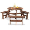 Giantex 6 Person Wooden Picnic Table Set with Wood Bench, with Umbrella Hold Design, Perfect for Outdoor Garden Yard Pub Beer Dining, Dark Brown - size: 67"L×67" W×27.5"