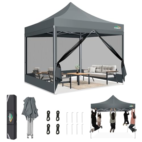 COBIZI 10x10 Canopy Tent, Heavy Duty Pop up Canopy with Sidewalls, Waterproof Easy Setup Tent with Mosquito Netting, Outdoor Instant Screen Tents for Parties, Wedding, Backyard with Carry Bag, Gray - color: Gray, size: 10x10FT