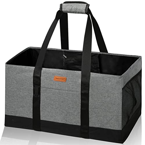 WONDAY Extra Large Foldable Grocery Tote Bag With Handles for Storage, Picnics, Beach, Pool, Laundry - Reusable Shopping Bag (Grey) | 22" XL Capacity, Foldable Design, 50 lbs Weight Cap, Waterproof, With Pockets, Wipe Clean - color: Grey