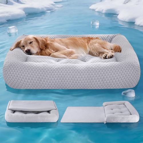 Rywell 3-in-1 Cooling Dog Beds Large Sized Dog, Dog Cooling Mat with Arc-Chill Tech (Q-Max>0.5), Dog Crate Pad for Summer, Non-Slip & Fully Machine Washable, Gift for Dog Lovers, 43" x 31", Grey - size: X-Large