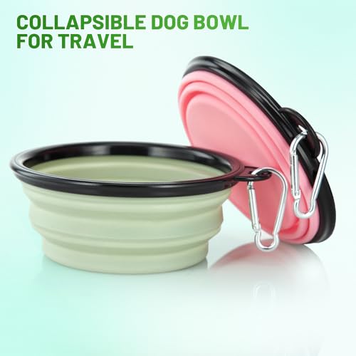 Dog Bowl Pet Collapsible Bowls, 2 Pack Collapsible Dog Water Bowls for Cats Dogs, Portable Pet Feeding Watering Dish for Walking Parking Traveling with 2 Carabiners (Small, Fairy Pink+Sprout Green) - color: Fairy Pink+Sprout Green, size: Small