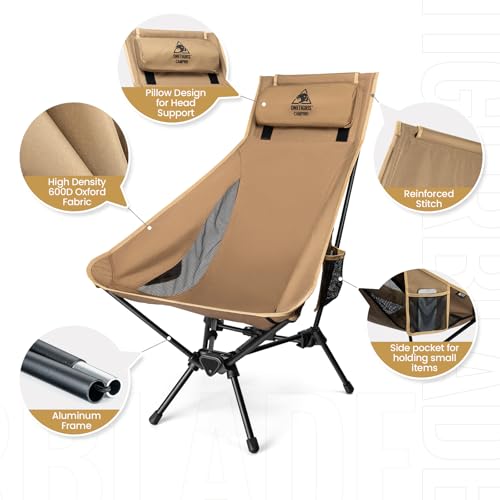 ONETIGRIS Tigerblade High Back Camping Chair with Pillow Design, Comfortable Widened Seat Folding Chair - color: Coyote Brown