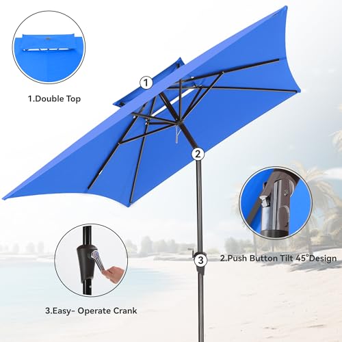 6.6 x 10 ft Rectangular Patio Umbrella, Outdoor Market Table Umbrella with Push Button Tilt and Crank, Double-Tier Vent, 6 Ribs, Rectangle Patio Umbrella for Backyard, Deck, Pool, Fits 4–6 Chairs and Tables (Blue) - color: Blue