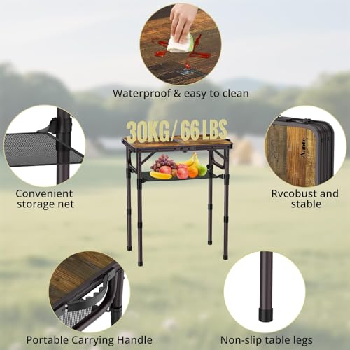 Anbte 2ft Camping Table Foldable with Storage Net, 3 Adjustable Heights 27.5" Aluminum Small Portable Table with Carrying Handle, for Outdoor Indoor Picnic Beach Party Travel, 24" X 16", Brown - color: Brown, size: 24"L x 16"W x 27.5H"