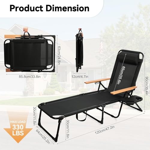 Foldable Chaise Lounge Chair Outdoor, Tanning Chair with 4-Position Reclining Back, Folding Sun Lounger, Outdoor Lounge Chair for Beach, Poolside, Backyard, Camping, UPF 50+, 300 LBS - color: Black