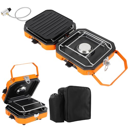 Adjustable 2-Burner Portable Stove with 16000 BTU, with Camping Grill and Carrying Bag, Portable Propane Camp Stove with 2 Burners & Piezo Ignition for Camping, Backyard BBQ,Tailgating (Orange) - color: orange