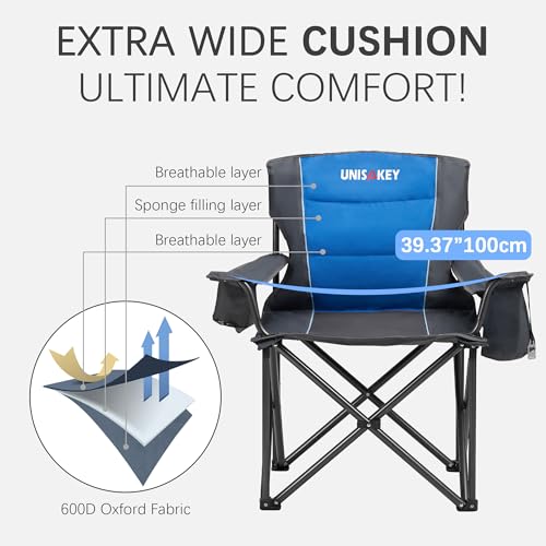 Unisakey Oversized Folding Camping Chair for Adults - 450lbs Support - Heavy Duty Portable Lawn Chairs with Side Pocket Cup Holder Cooler Bag for Sports Garden Beach Fishing, Blue - color: Blue