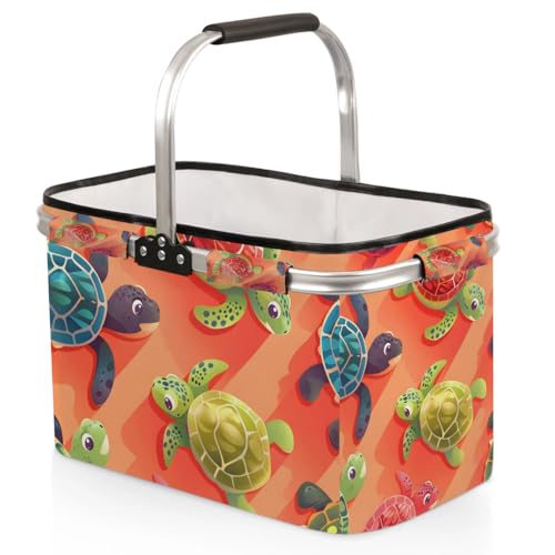 Picnic Basket, MARYHFENVA Shopping Basket with Handle 40L Collapsible Grocery Basket Portable Folding Bag for Marketing Picnic - color: Turtles(style 1)