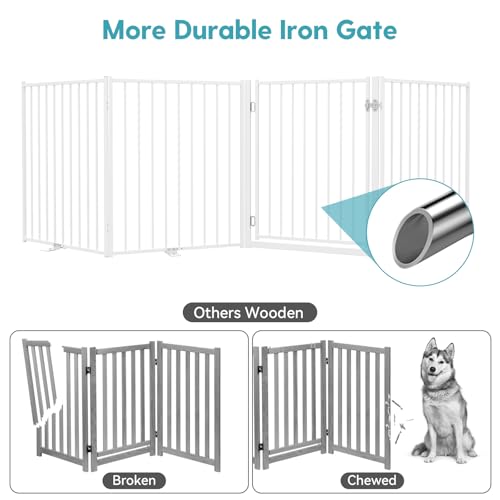 No Pawblems Free Standing Dog Gate with Door, 30'' Tall Foldable Dog Fence for Indoor & Outdoor, Up to 104 Inch Extra Wide Puppy Gate for Stairs, Hallways, Doorways, Deck, Yard (White, 4 Panels) - color: White, size: Up to 104" W, 4 Panels