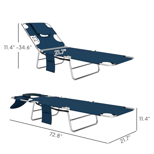 Outsunny Chaise Lounge Chair Outdoor with Face Arm Hole, 5-Position Reclining Face Down Tanning Chair with Carry Strap, Side Pocket, Portable Folding Bed Cot for Patio Beach Pool, Dark Blue - color: Dark Blue, size: 1 Piece