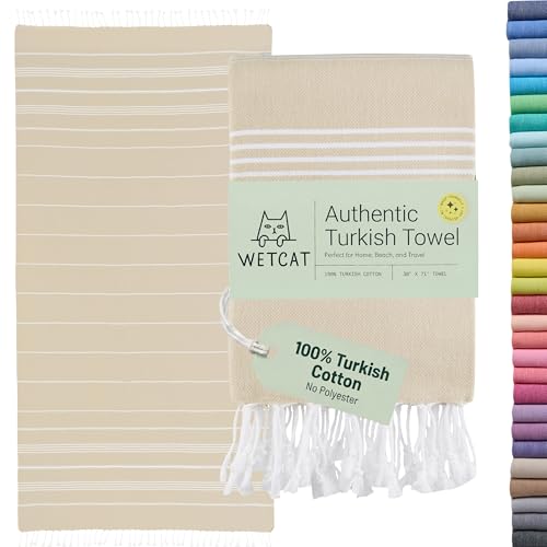 WETCAT Turkish Beach Towel Oversized (38"x71") 100% Turkish Cotton, Made in Turkey - Sand Free, Extra Large, Ultra Soft, Quick Drying, Compact & Lightweight for Travel - Beige - color: Beige, size: Beach Towel (38" x 71")