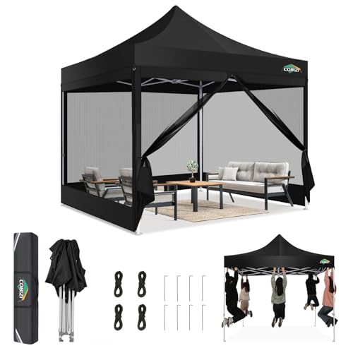 COBIZI Canopy Tent 10x10 Heavy Duty, Pop Up Gazebo with Netting Screened,Waterproof Ez up Canopy with Sidewalls, Outdoor Instant Screen House Tent for Camping,Backyard, Wedding, Birthday,Black - color: Black, size: 10x10FT