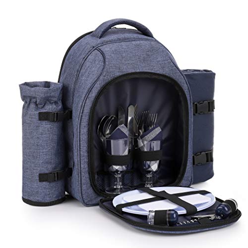 Apollo Walker Picnic Backpack Bag for 2 Person with Cooler Compartment, Detachable Bottle/Wine Holder, Fleece Blanket, Plates and Cutlery Set (2 Person, Navy) - color: Navy, size: 2 Person