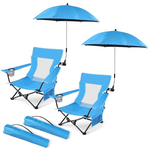 HaSteeL Low Beach Chair Set of 2, Foldable Blue Camping Chair with Adjustable Umbrella Set for Adults, Lightweight Portable Lawn Chairs for Fishing, Picnic, Outdoor BBQ, Travel, Sports - color: Blue Chairs + Blue Umbrella