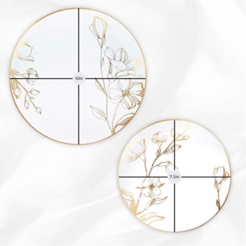 PLASTICPRO 128 Piece Combo Plates Set includes 64 7'' inch Plates & 64 10'' inch Plates White Plastic Floral Design Party Plates With Gold Rim, Premium Elegant, Tableware, Dishes, - size: 128 Plates (64 sets)
