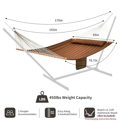 Double Quilted Fabric Hammock with Hardwood Spreader Bars and Pillow 450 LBS Capacity 2 Person Large Hammock for Outdoor Patio Backyard Poolside - Brown - color: Brown