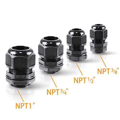 XHF IP68 Nylon Waterproof NPT Cable Glands Assortment 48pcs 1/4", 3/8'', 1/2'', 3/4'', 1'' UL Listed and RoHS Cord Grip Compliant Cable Strain Relief Black - color: Black, size: Kit(48pcs)