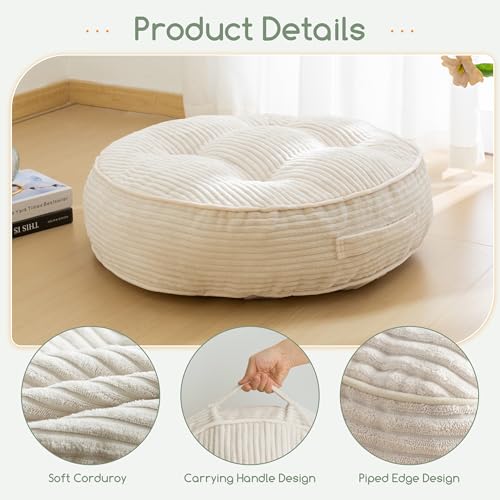 HIGOGOGO 6" Extra Thick Floor Pillow Cushion for Adults, Meditation Cushion Pillow, Large Round Floor Sitting, Tufted Corduroy Cover, for Tatami Living Room or Yoga, 22x22 Inch, 2Pack, Beige - color: Round Beige, size: 6" Thick(Pack of 2)