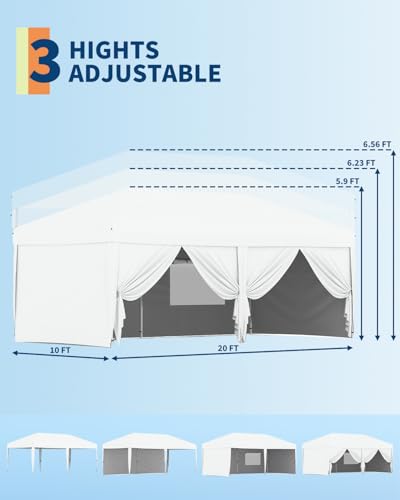 GarveeLife 10x20 Pop Up Canopy with 6 Sidewalls, Beach Ten with One Push Setup, Heavy Duty Outdoor Instant Canopy Tent with Portable Roller Bag, Silver Coated Top, 3 Adjustable Height, Sandbags,White - color: White, size: 6 Sidewalls