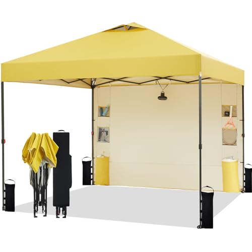 Tunbne 10'x10' Pop Up Canopy Tent with 1 Sidewall and 6 Pockets, One Push Setup, Instant Shade Tent with Vented Roof for Beach Patio Outdoor, Case, 8 Stakes, 4 Ropes, 4 Sandbags (Yellow, 10x10) - color: Yellow, size: 10x10