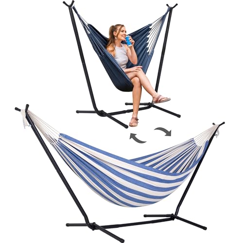 SUNCREAT 2-in-1 Convertible Free Standing Hammock with Stand Included, Camping Backyard Hammock with Stand, Patented, Blue & White Stripe - color: A-blue & White Stripe