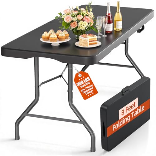 8 Foot Folding Table 350 LBS Heavy Duty, 18% Thicker HDPE Waterproof Top, Portable Fold in Half with Carry Handle and Safety Locks, Reinforced Steel Frame for Indoor Outdoor Party Events - color: Black-a, size: 8FT
