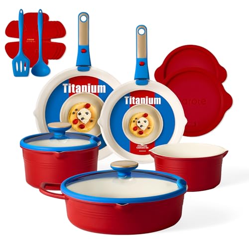 CAROTE 17Pcs Titanium Cookware Set, Pots and Pans Set Non Stick, Kitchen Cooking Set with Detachable Handle, Non Toxic Induction Cookware, Dishwasher/Oven Safe，Memphis Design - color: Memphis Design