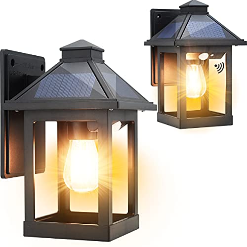 CYHKEE 2 Pack Solar Wall Lanterns Outdoor with 3 Modes, Dusk to Dawn Motion Sensor LED Sconce Lights IP65 Waterproof, Exterior Front Porch Security Lamps Wall Mount Patio Fence Garage Decorative - color: Black (2 Pack)
