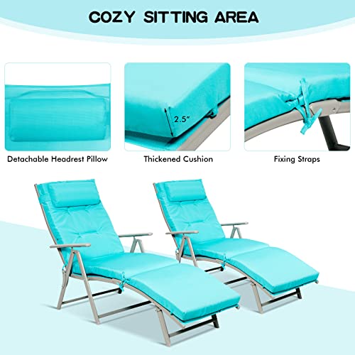 Giantex Chaise Lounge Chair for Outside, Pool Folding Reclining Beach Chair W/Removable Cushion&Headrest Pillow, Outdoor Lounge Chaise w/ 7 Backrest Positions, Portable Patio Lounger (1, Turquoise) - color: Turquoise