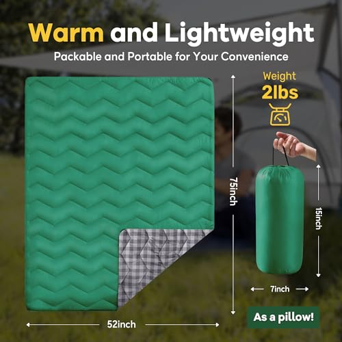 UNIKOME Waterproof Puffy Camping Blanket - Lightweight Packable Outdoor Quilt with Corner Loops, Warm Compact Blanket for Cold Weather Hiking Picnic Stadium Travel, 75"×52", Green - color: 05 Green