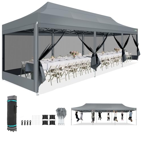 COBIZI 10x30 Canopy Tent, Heavy Duty Pop up Canopy with Sidewalls, Waterproof Easy Setup Canopy with Mosquito Netting, Outdoor Instant Screen Tents for Parties, Wedding with Roller Bag, Gray - color: Gray, size: 10x30FT