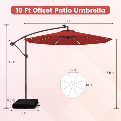 Tangkula 10FT Offset Patio Umbrella with Base Included, Outdoor Cantilever Umbrella with 40 Solar LED Lights, Tilt Adjustment, Crank Handle, Vented Top, Sand Bags for Pool Yard Deck (Burgundy) - color: Burgundy