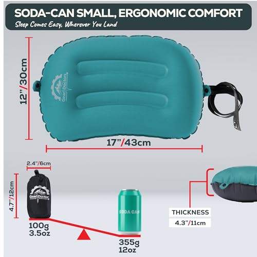 Gear Doctors 3.5oz Compact Ultralight Inflatable Camping Pillow —Inflatable Camp Pillow —Backpacking Pillows Ultralight—Camping Pillows for Sleeping, Hiking, Travel, Beach, Office, Neck, Lumper [Teal] - color: Teal Camping Pillow
