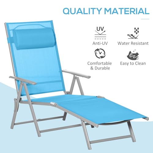 Outsunny Outdoor Folding Lounge Chair, 7-Position Adjustable Zero Gravity Lounge Chair with Pillow, Portable Reclining Tri-Fold Chaise for Beach, Swimming Pool, Light Blue