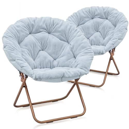 MoNiBloom Round Folding Faux Fur Saucer Chair for Bedroom Living Room Dorm Foldable Metal Frame Oversized Large Comfy Furry Padded Soft Lounge Lazy Cozy Moon Chair for Adults (Blue, 2 Pieces) - color: Blue