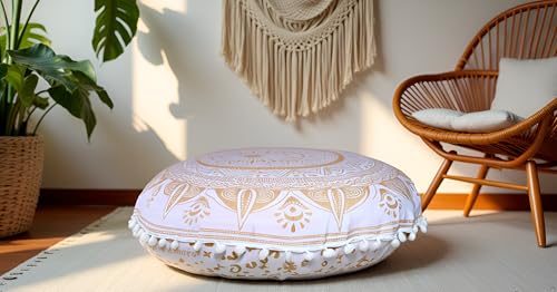 CRAFT KALA 22" Round Mandala Comfort Meditation Floor Pillow Cover, Large Pillows Seating Cover for Adults, Cushions Cover for Outdoor Yoga Fireplace Living Room Ottoman Cover White Gold Trishul - color: White Gold Trishul, size: 22"